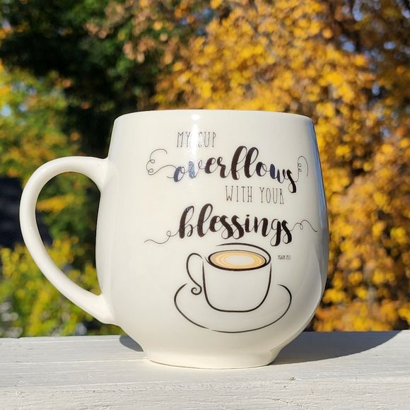 Set of 2 Ceramic Coffee Mug‎ Double Sided My Cup Overflows With Your Blessings - Picture 3 of 14